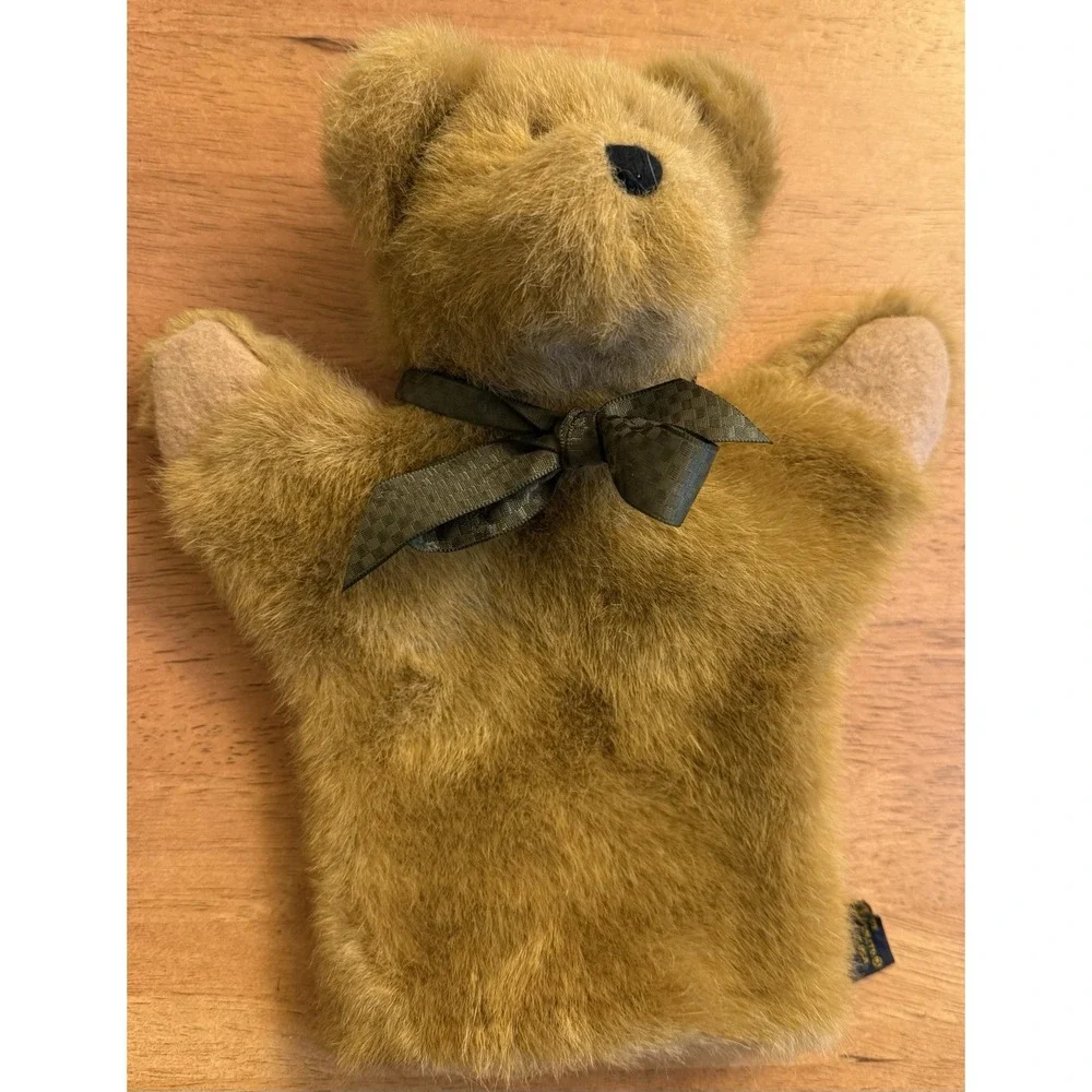 Vintage Boyd's Bear Hand Puppet Brown Tan Bear with Green‎ Bow.